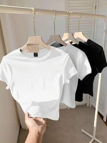 SHEIN Tall CURVE 加大码四件套纯色短款圆领短袖修身女式T恤，适合夏季穿着 - 彩色 - 查看 2