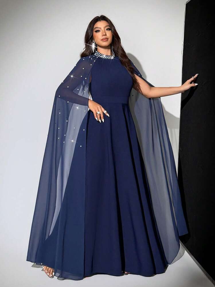 Viva Relle فستان كيب من الشيفون الأنيق والرومانسي والفاخر المزين بالألماس للمرأة ذات الحجم الكبير، خريف/شتاء - أزرق بحري - مشاهدة 6