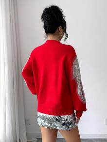 Xyvia Women's Elegant Embroidered Sequins Splice Sleeve High Neck Solid Color Long Sleeve Sweater, Autumn/Winter - Red - View 2