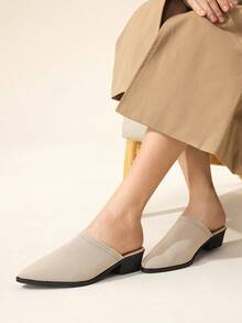 CUCCOO BASICS Women's Pointed Toe Chunky Heel Knit Fabric Comfortable Breathable Mule Slip-On Shoes, Casual Commuting Wear - Apricot - View 9