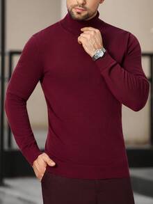 Manfinity Homme Men's Solid Color Turtleneck Long Sleeve Casual Pullover Sweater, Autumn/Winter Red Sweater Men Burgundy Top For Men