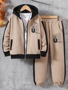 Vacaura 2 件套青少年男童时尚纹理字母连帽夹克和抽绳裤套装，适合春秋冬季 - 卡其色 - 查看 3