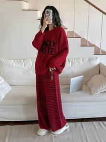 DAZY Bộ đồ ngủ jacquard kẻ sọc và áo len dệt kim họa tiết lông nhung cho nữ, mùa đông - Đỏ - Xem 8