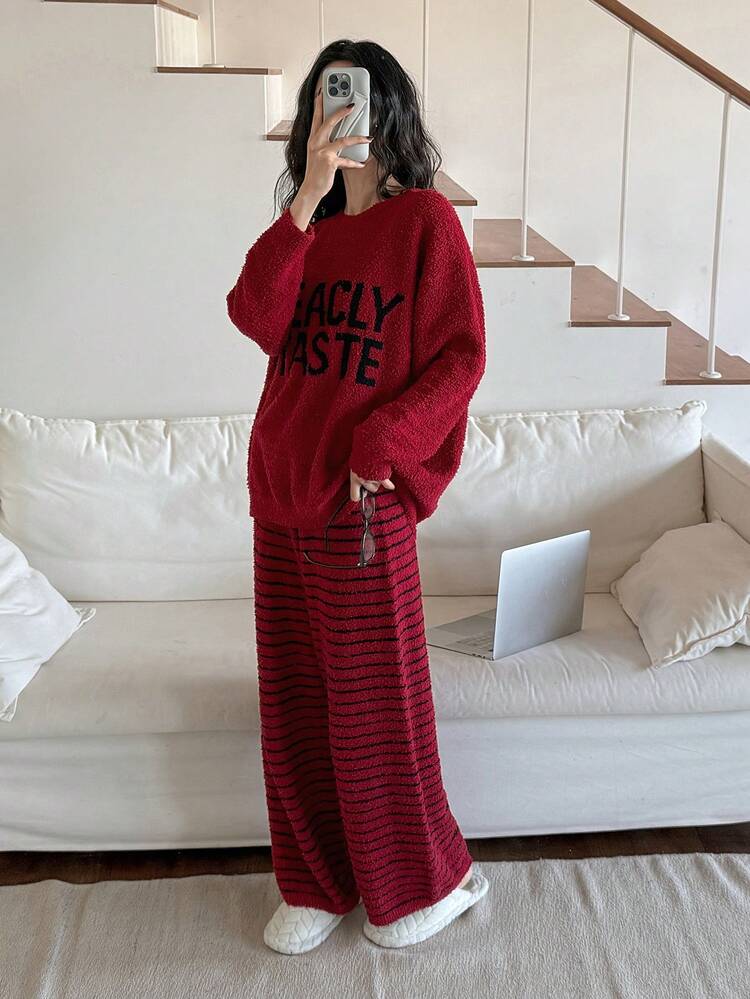 Women's Plush Letter Jacquard Knit Top And Striped Jacquard Pajama Pants Set, Winter