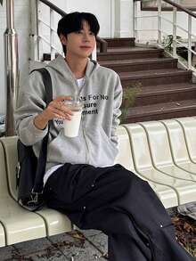 DAZY Heavy Thick Letter Print Hoodie Sweatshirt For Men, Grey, Autumn/Winter - Grey - View 6