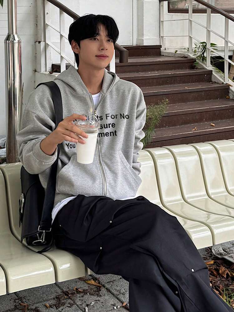 Heavy Thick Letter Print Hoodie Sweatshirt For Men, Grey, Autumn/Winter