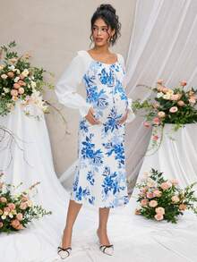 Momance 孕妇休闲碎花长裙 - 藍色 - 查看 5