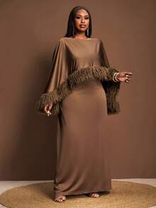 Veslaya Bộ đồ mùa Thu/Đông, Tết Nguyên Đán, Ngày Valentine, Tiệc tùng, Tiệc chiêu đãi, Hẹn hò, Tiệc sinh nhật, Phong cách sinh viên, Trang phục thường ngày, Cơ bản đa năng, Thường ngày, Du lịch tàu biển, Xu hướng thịnh hành, Thanh lịch, Đi làm, Công sở thường ngày, Tối giản, Gợi cảm, Đầm maxi chữ A cổ chữ V dây mảnh thắt eo + Áo choàng poncho lông thú không tay cổ thuyền phối viền, Vải bóng màu nâu, Bộ đồ dự tiệc, Bộ 2 món cỡ lớn dành cho nữ. - màu nâu - Xem 6