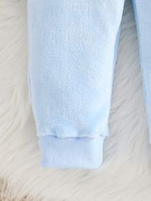 1pc Young Girl' Plush Thick Blue Cloud & Smiling Face Embroidered Pink Hooded Jumpsuit, Cute Autumn/Winter Sleepwear