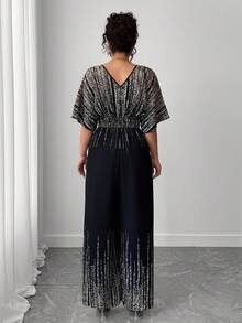 SHEIN Tall CURVE 大码女式条纹深V领蝙蝠袖性感连体裤 - 黑色 - 查看 2