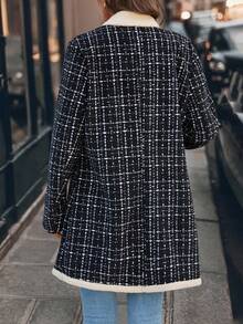 SHEIN Clasi 女士冬装 女士优雅百搭保暖内衬夹克，秋冬厚外套 女士冬装 女士粗花呢外套 女士格子外套 女士冬装 女士外套 女士秋装 带毛绒衬里的服装 女士冬装 毛绒秋冬长款保暖棉袄 - 黑與白 - 查看 2