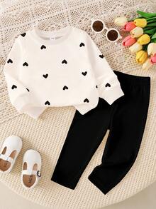 SHEIN Playful Pals 1 Set Baby Girl Casual Cute Heart Print Crew Neck Long Sleeve Sweatshirt And Leggings Pants Set, Suitable For Outings In Autumn/Winter - Multicolor - View 3