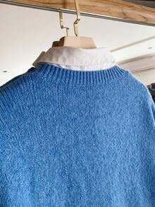 Franclia 女士复古刺绣圆领长袖毛衣 - 藍色 - 查看 6