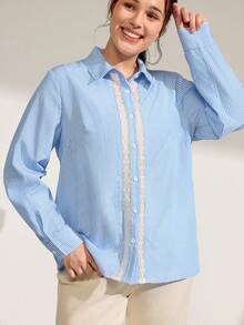 Momelise Plus Size Casual/Work Lace Patchwork Striped Shirt - Blue - View 3