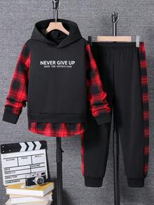 SHEIN Vacaura 2 件套大男孩休闲格子拼布连帽运动衫和抽绳运动裤套装，春/秋/冬 - 紅色 - 查看 5