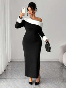 SHEIN Elenzya Vestido largo elegante de mujer talla grande con bloque de color, cintura elástica, abertura lateral y detalles con ribete de peluche, adecuado para eventos formales, citas, fiestas, galas, San Valentín, Navidad. Vestido largo ajustado con peluche, hombro oblicuo, hombro descubierto, manga larga, hombro asimétrico, vestido de cóctel sexy para mujer, elegante, de moda, romántico, glamoroso