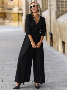 SHEIN Clasi Women's V-Neck Drop Shoulder Long Sleeve Loose Jumpsuit Fall Winter Clothes Party New Year Outfit Christmas - Black - View 4