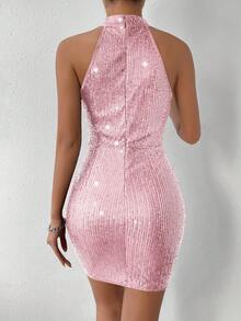 Glamine Charm Halter Neck Ruched Sequin Bodycon Dress For Holiday Party Clothes - Pink - View 2