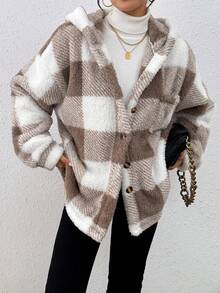 EMERY ROSE Women's Plaid Pattern Front Button Hooded Long Sleeve Fuzzy Jacket, Autumn/Winter - Khaki - View 3