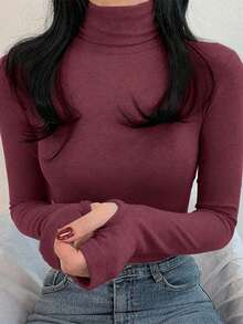 DAZY Áo thun nữ tay dài cổ lọ bó sát màu trơn, dáng rộng, mùa thu - Màu đỏ tím - Xem 1