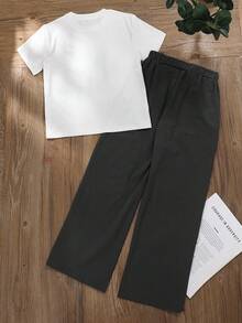 2pcs/Set Girls Rhinestone Bow Decor Top And Striped Bow Pants Outfit, Street Fashion - Black - View 2