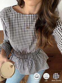 Elyressa 女士休闲格子收腰衬衫，秋季款 - 棕色 - 查看 4