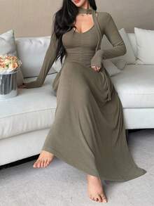 DAZY Women's Long Knitted Pleated Turtleneck Nightgown, Slim Fit, Autumn/Winter - Olive Green - View 4