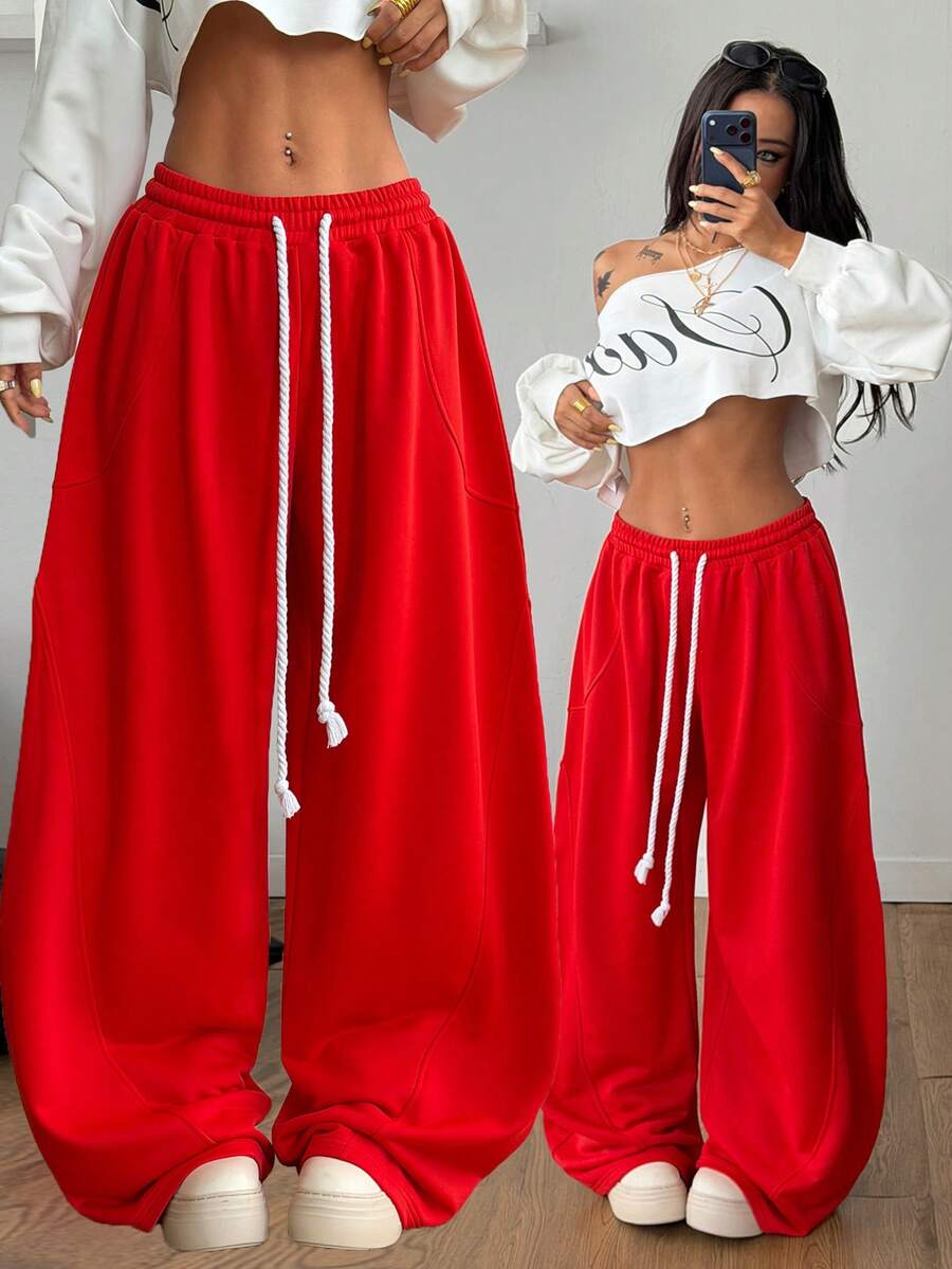 Coolane Women's Summer Streetwear Going Out Break Oversized Elastic Waistband Comfortable Scimitar Pants - Red - View 1
