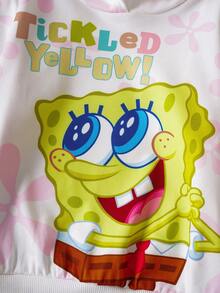 SpongeBob SquarePants | SHEIN Young Girl Cute Cartoon & Pink Floral Pattern Hooded Sweatshirt And Black Bow Tie Pants Set - Pink - View 6