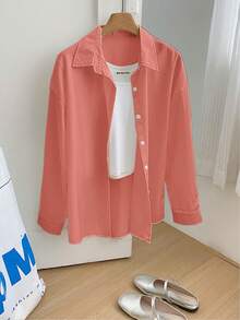 Franclia Áo sơ mi dài tay trơn màu rộng rãi, thoải mái, hàng ngày, công sở dành cho nữ, mùa xuân/thu - Màu Cam san hô - Xem 5