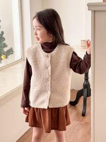 Genkimix Kids Genkimix Young Girl Casual Solid Color Faux Wool Vest Jacket,Versatile Apricot Outerwear,Suitable For Outings,School,Indoor Casual Wear Fall Winter - Apricot - View 4