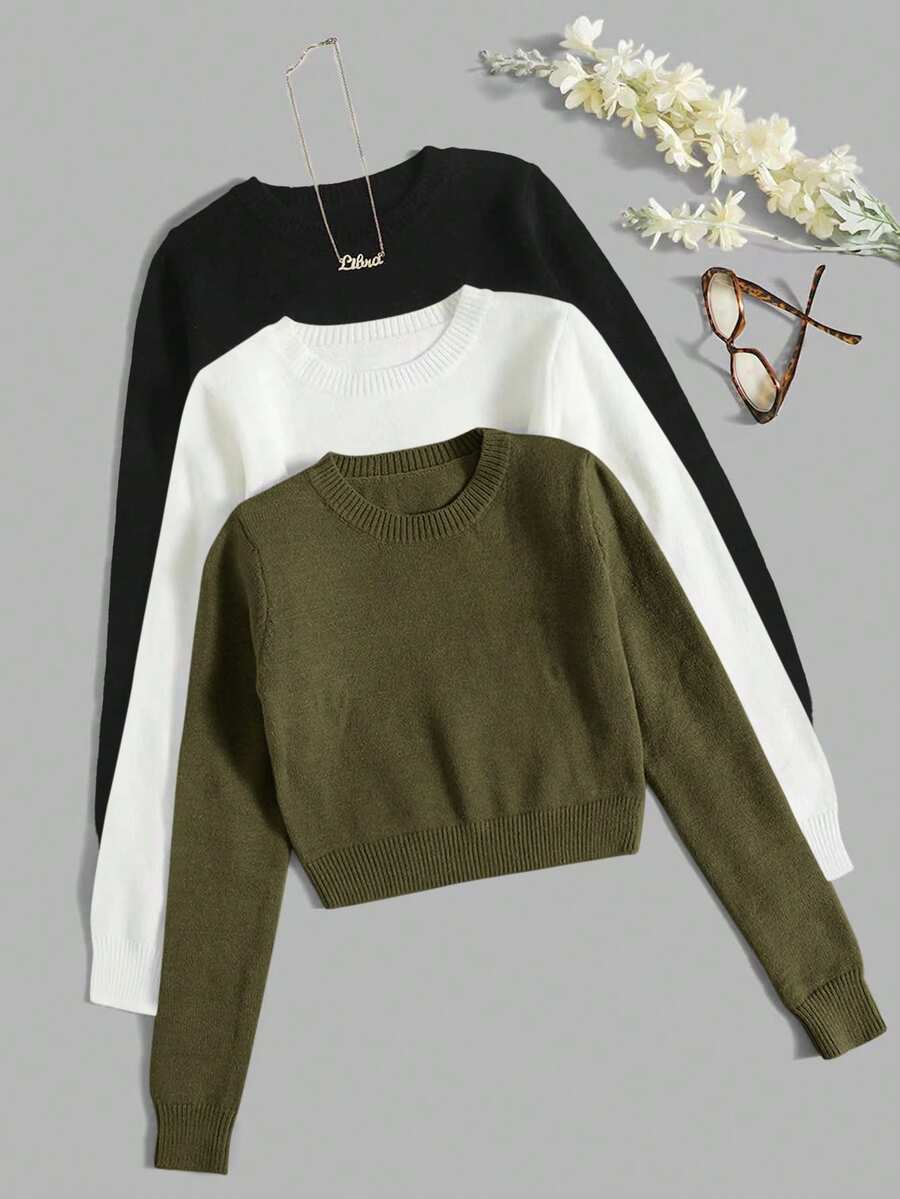 Franclia 3-Pack Solid Color Crew Neck Long Sleeve Casual Knit Pullover Sweaters - Multicolor - View 1