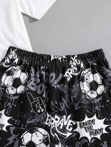SHEIN 青少年男童卡通足球印花短裤套装，两件套休闲睡衣，包含短袖上衣和短裤，面料柔软，适合日常穿着、上学、外出、居家和度假。 - 黑與白 - 查看 8
