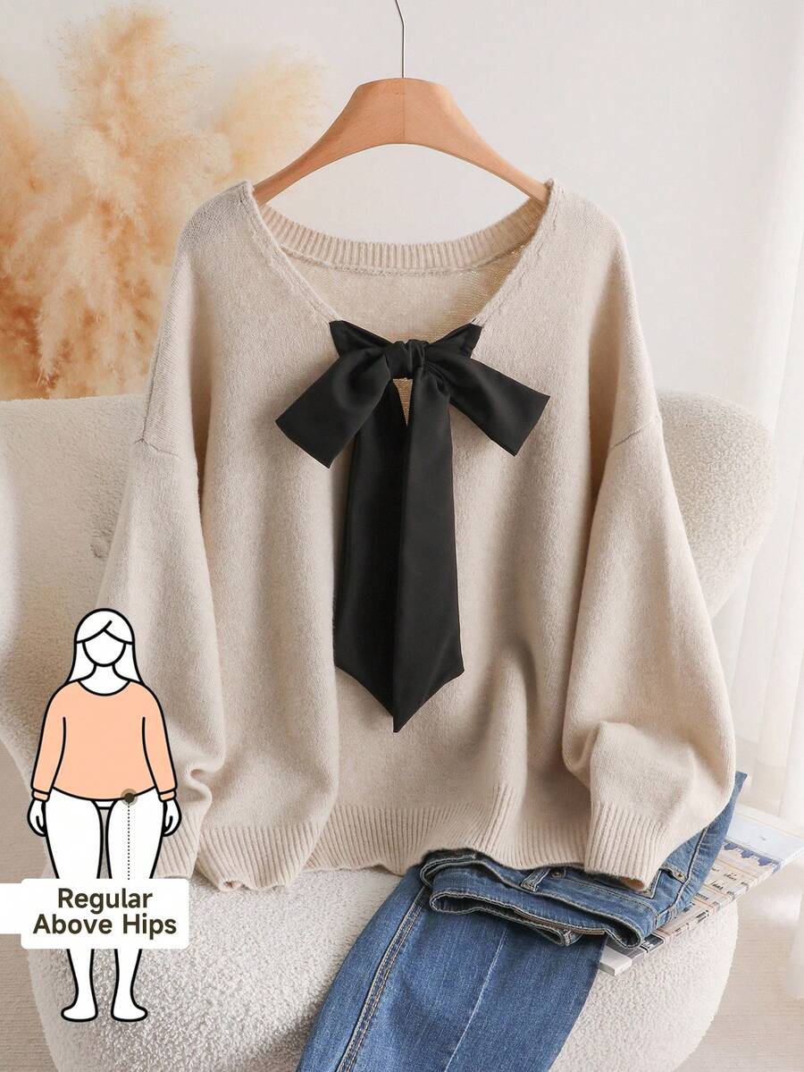 CosyJoli Plus Size Casualowy sweter z dekoltem w serek i kokardą z odkrytymi plecami