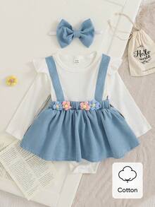 SHEIN 女婴秋冬季拼接撞色灯芯绒花卉装饰连体衣 - 藍色 - 查看 2