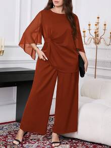 Reflora Plus Size Solid Color Mesh Patchwork Round Neck Top And Wide Leg Pants Elegant 2 Pieces Set - Burnt Orange - View 5