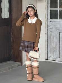 DAZY 少女法式领叠穿上衣，泡泡袖毛衣，秋冬款 - 卡其色 - 查看 2