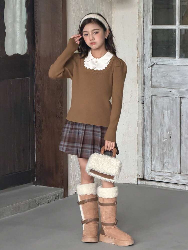 Tween Girl French Collar Layering Top, Puff Sleeve Sweater, Autumn/Winter