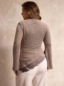 Elegantrix Áo len cổ bẻ viền xoắn bất đối xứng cỡ lớn cho nữ - Màu Khaki - Xem 2