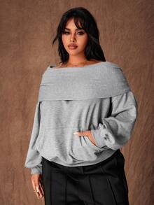 Rustia Plus Size Casual Loose Fit Slouchy Shoulder Pullover Sweatshirt, Early Autumn - Grey - View 3