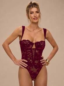 SHEIN BAE 女士优雅蕾丝连体衣，精致蕾丝连体衣 - 酒紅色 - 查看 4