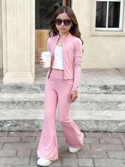 SHEIN Conjunto de 2 piezas para niñas preadolescentes con top de manga larga de unicolor y pantalones acampanados, adecuado para otoño/invierno, uso diario