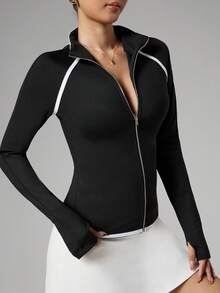 Dewbera Women's Autumn/Winter Color Block Striped Zipper Thumb Hole Fitted Jacket, Sporty Casual Everyday Sexy Tight Fitted Jacket, Tennis Yoga Jacket - Black - View 1