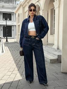 SHEIN ICON Jaket Denim Kasual Wanita Ukuran Besar, Bahan Tidak Melar - Dark Wash - View 7