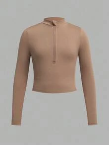 SHEIN Girlism 少女纯色白色米色黑色三件套休闲拉链高领罗纹长袖T恤套装，适合秋冬季节，日常休闲穿着，非常适合休闲、日常穿着和上学穿着。 - 彩色 - 查看 3
