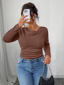 Elenzga Áo thun dài tay ôm sát họa tiết bèo nhún cổ điển không đối xứng cỡ lớn cho nữ RosyDaze - Màu nâu  Mocha - Xem 8