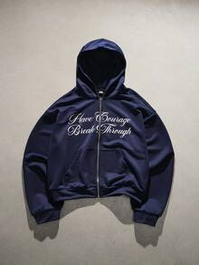 AXEPEAK 男士休闲时尚印花连帽卫衣 - 藍色 - 查看 1