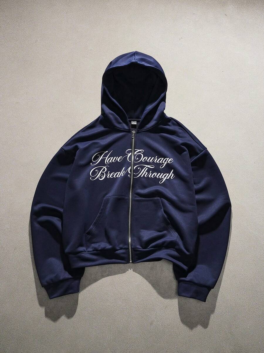 AXEPEAK 男士休闲时尚印花连帽卫衣 - 藍色 - 查看 1