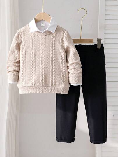 SHEIN 2pcs Young Boys Suits, Jacquard Crew Neck Long Sleeve Sweatshirt And Casual Trousers With Belt Decor, Fashion Versatile, Suitable For Birthday Party, Ceremony, Wedding, Christening, Back To School, Sports Season, Halloween, Christmas