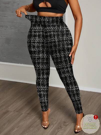 Slaydiva Plus Size Women's Houndstooth Textured Print Leggings, Suitable For Parties Christmas New Year Party